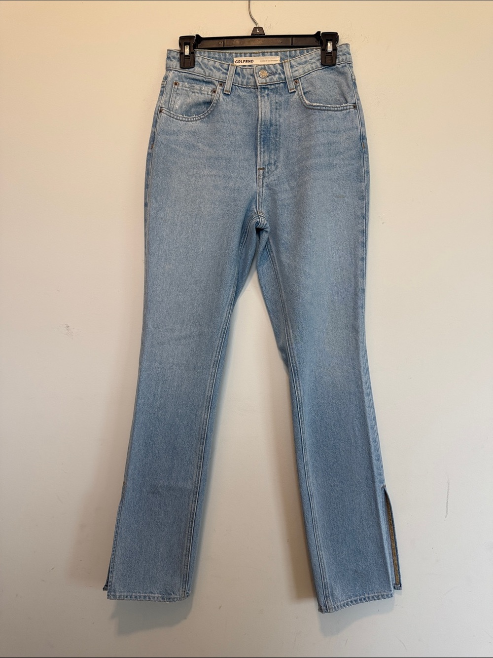 GRLFRND Light Blue High-Rise Flare Jeans with Side Slit